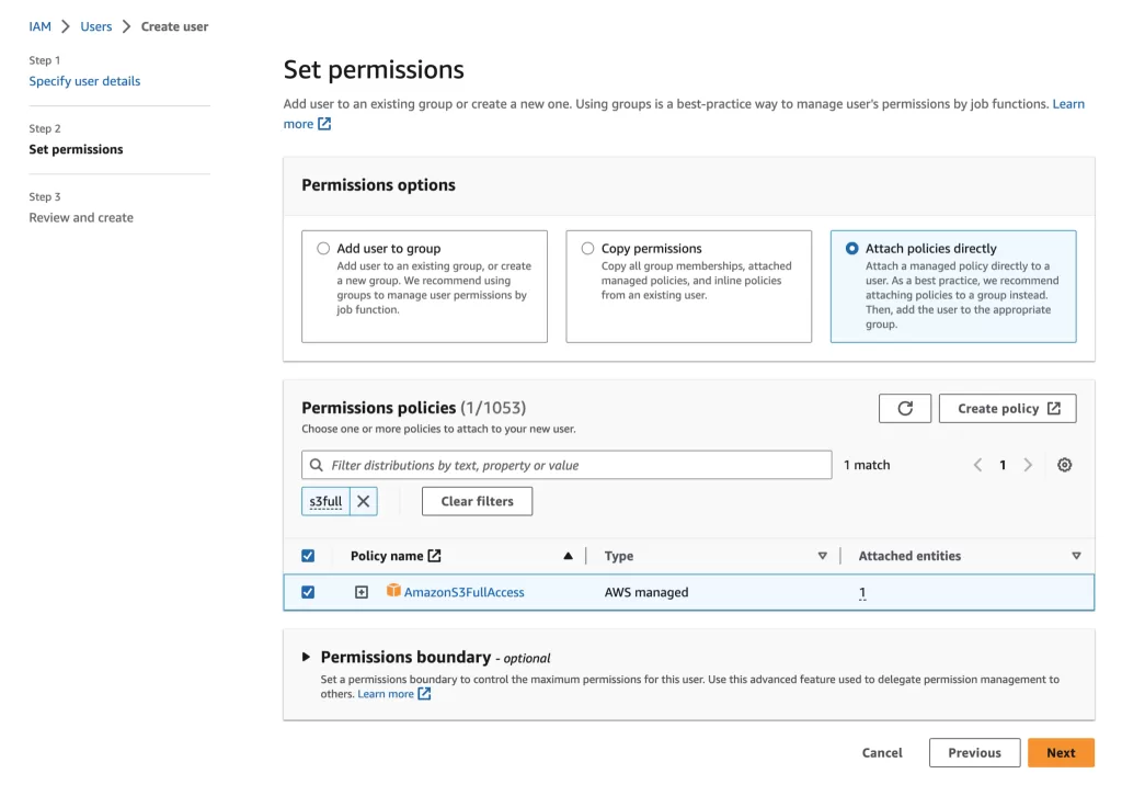 Set S3Full for new user in AWS IAM