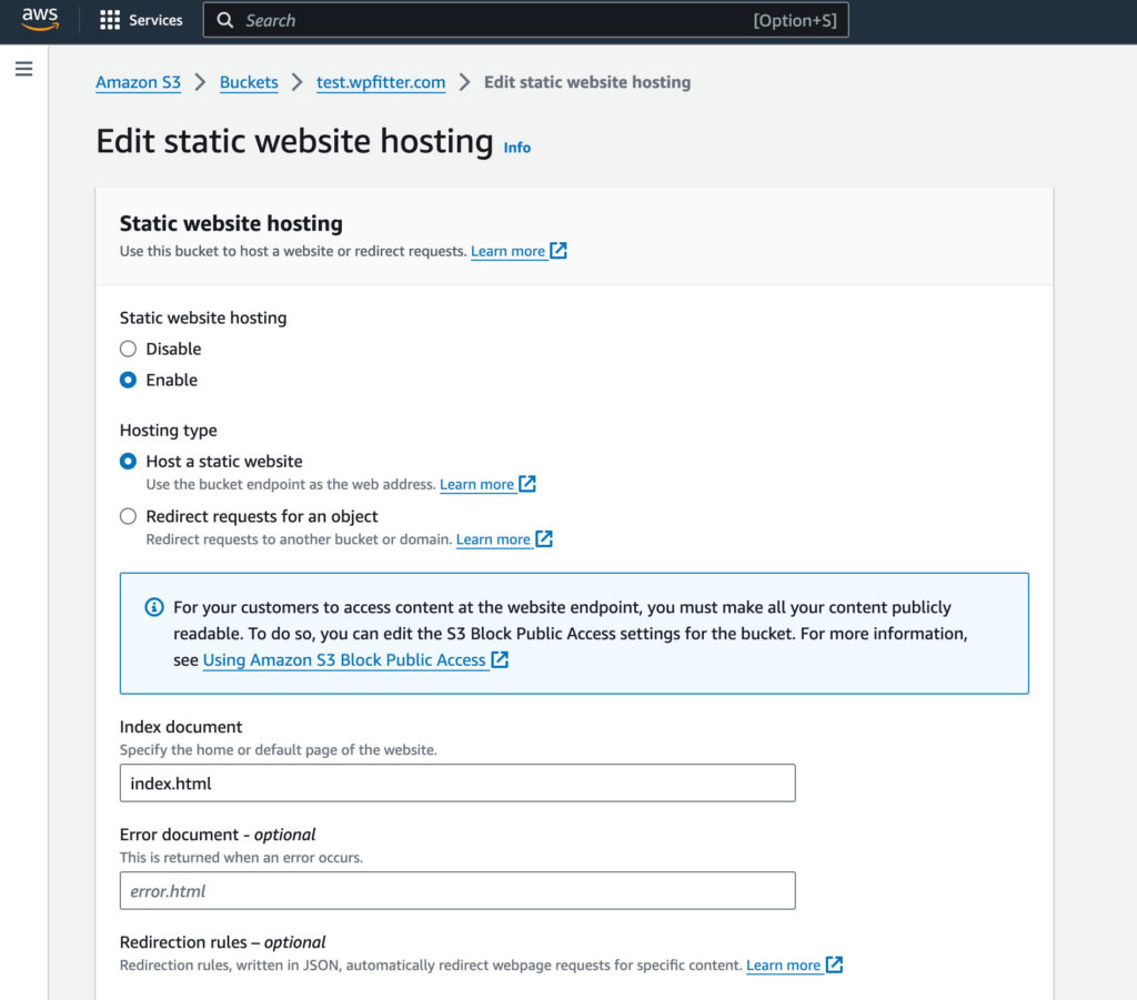 aws s3 bucket static website hosting