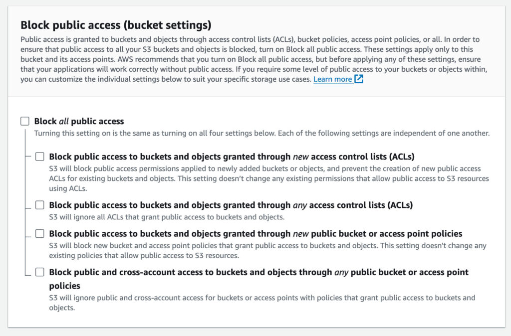 Unblock public access to bucket